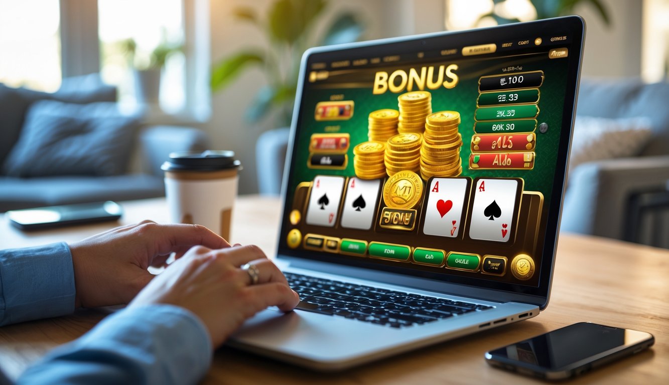 Seseorang bermain blackjack online di depan laptop dengan tampilan kemenangan bonus besar di layar.