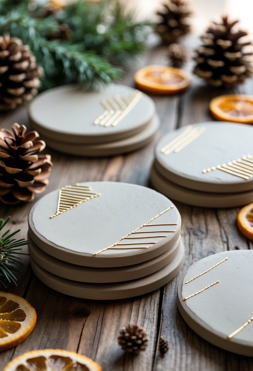 A set of round clay coasters with metallic gold accents arranged on a wooden table surrounded by winter craft materials like pinecones and evergreen sprigs.