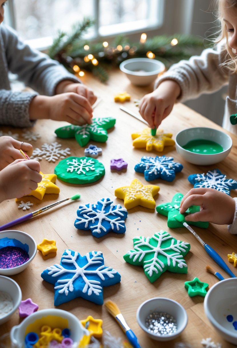Children making colorful salt dough ornaments shaped like snowflakes and stars on a wooden table indoors.