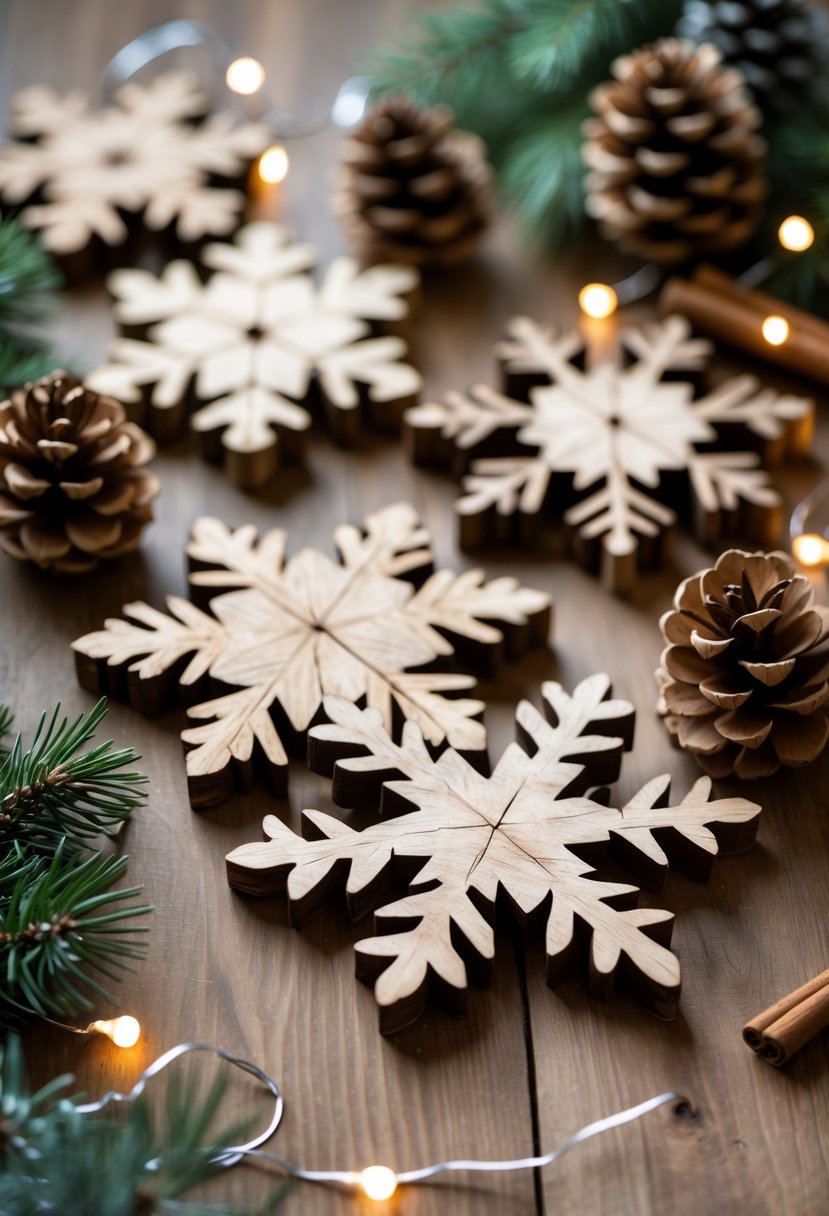 A collection of rustic wooden snowflake ornaments displayed on a wooden surface with pine cones, evergreen sprigs, cinnamon sticks, and soft fairy lights.