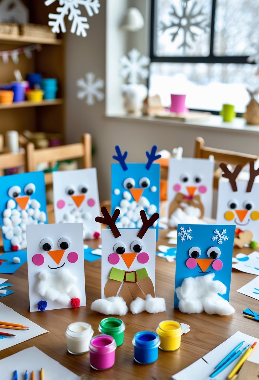A table with colorful handprint winter animal crafts and art supplies in a cozy indoor setting with winter decorations.