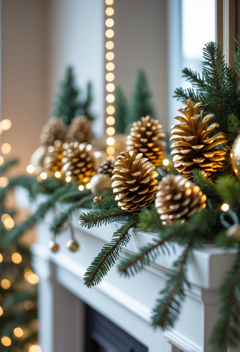 A mantel decorated with gold-painted pinecones, evergreen branches, and fairy lights.