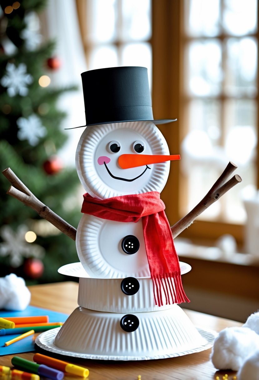 A paper plate snowman craft on a table surrounded by art supplies in a cozy indoor setting.