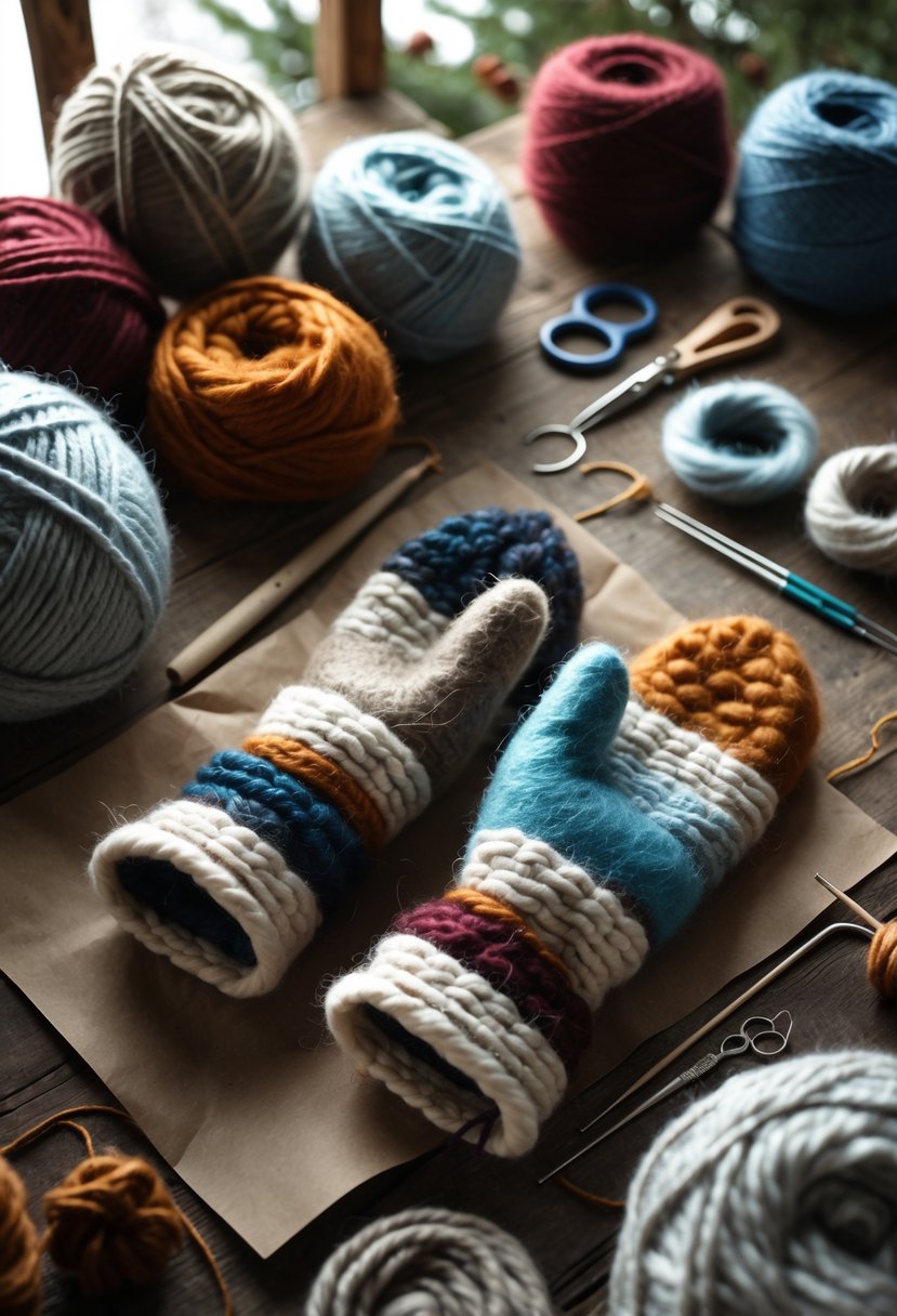 A pair of colorful handmade wool mittens on a wooden table surrounded by wool yarn and felting tools.