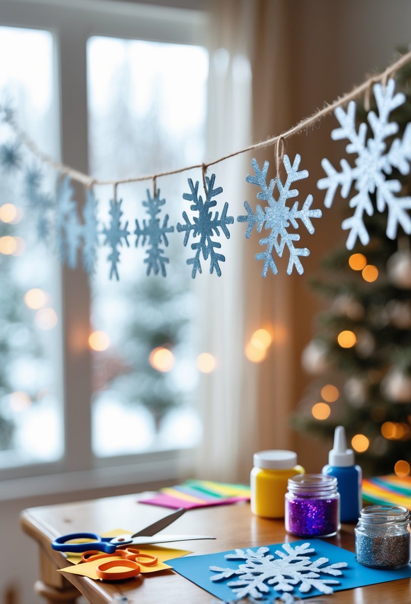 Glittery snowflake garland hanging indoors with children's craft supplies on a table beneath it.