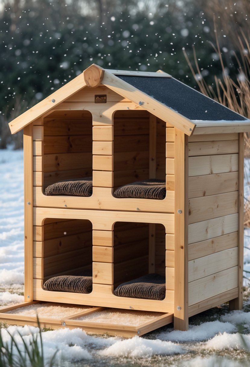 An insulated wooden cat house with two compartments outdoors in a snowy setting.