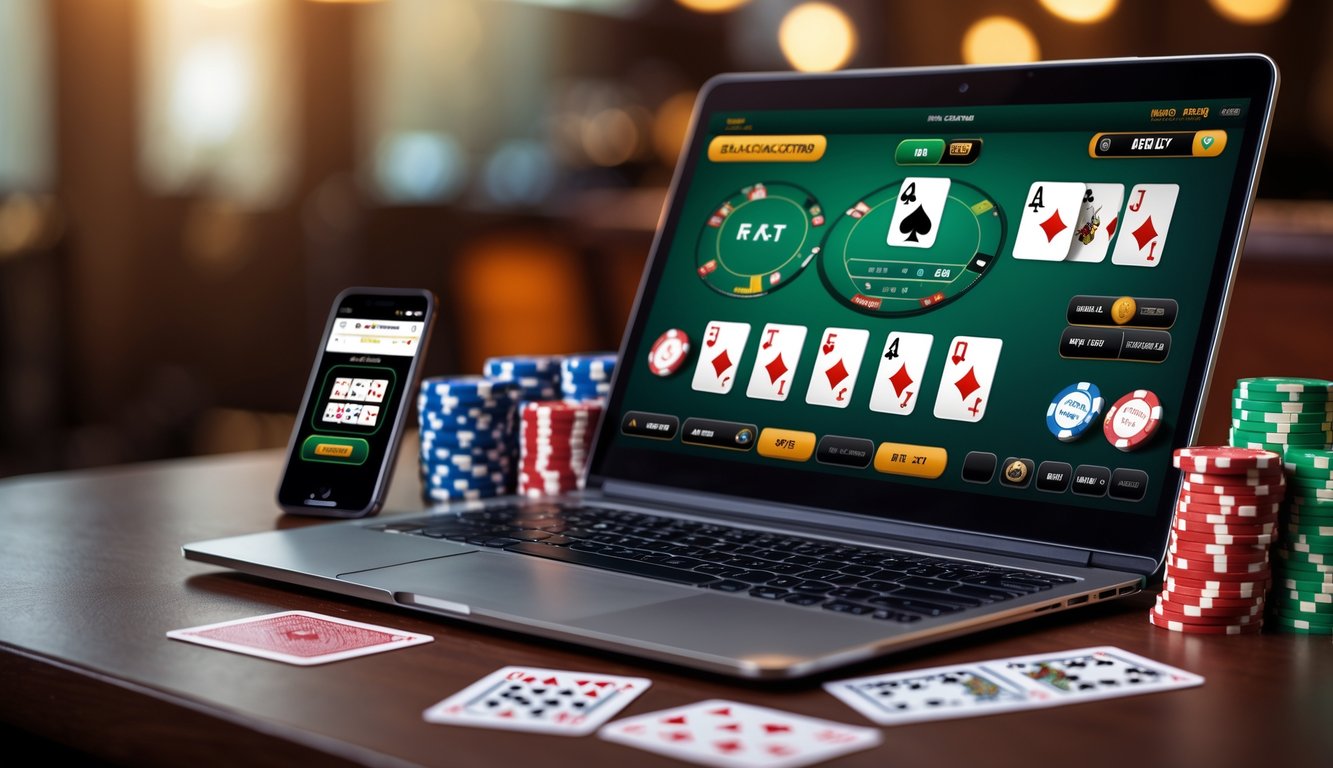 Seorang pemain menggunakan laptop untuk bermain blackjack online dengan kartu dan chip kasino di meja.