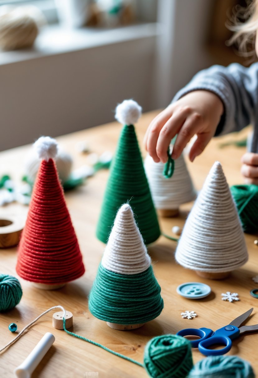 Several small trees wrapped in colorful yarn arranged on a wooden table with crafting supplies and a child's hand working on one of the trees.