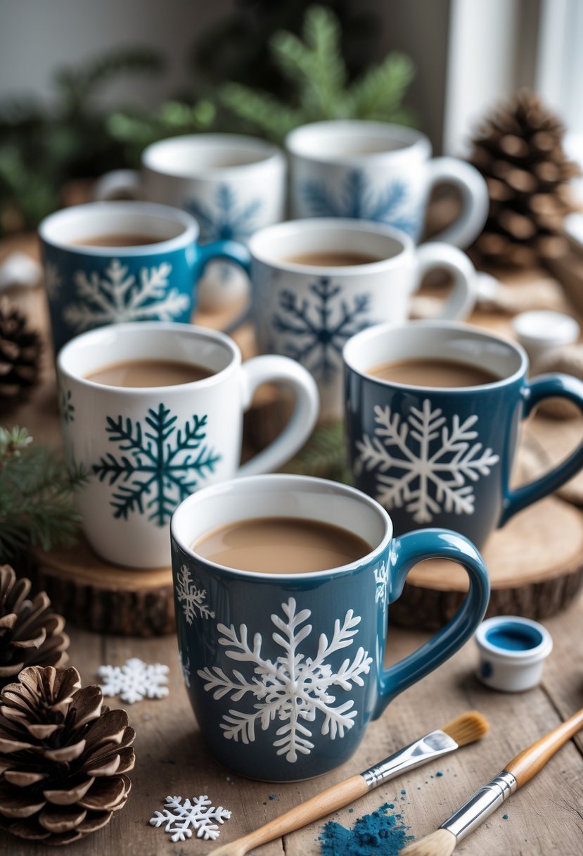A group of hand-painted ceramic mugs with snowflake designs arranged on a wooden table alongside pinecones and paintbrushes.