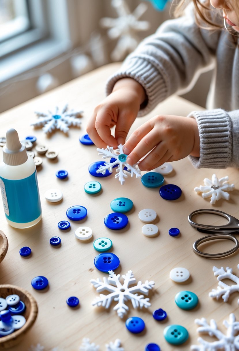 A child's hands crafting snowflakes from colorful buttons on a wooden table with craft supplies scattered around.