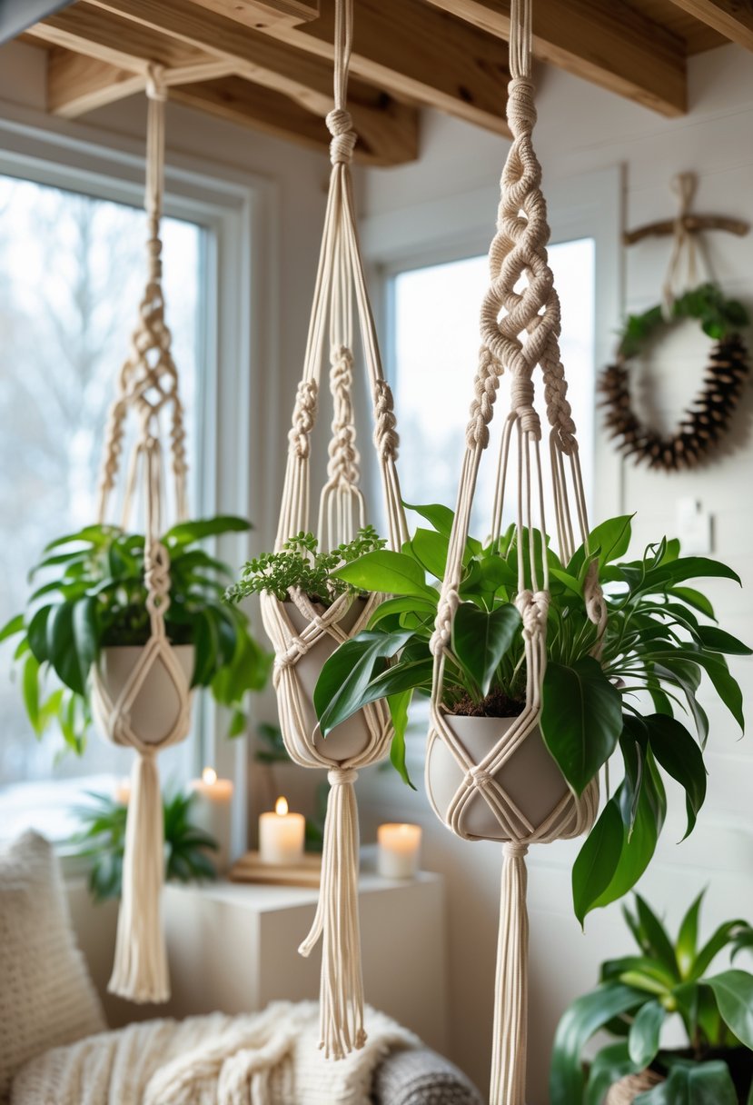 Indoor scene with several macrame plant hangers holding green plants, hanging near a window with natural light and winter-themed decor in the background.