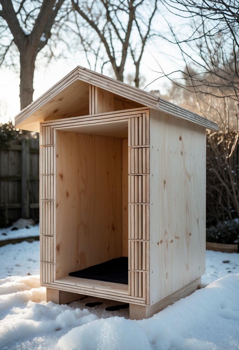 A double-walled plywood cat shelter with foam insulation outdoors in a snowy winter garden.