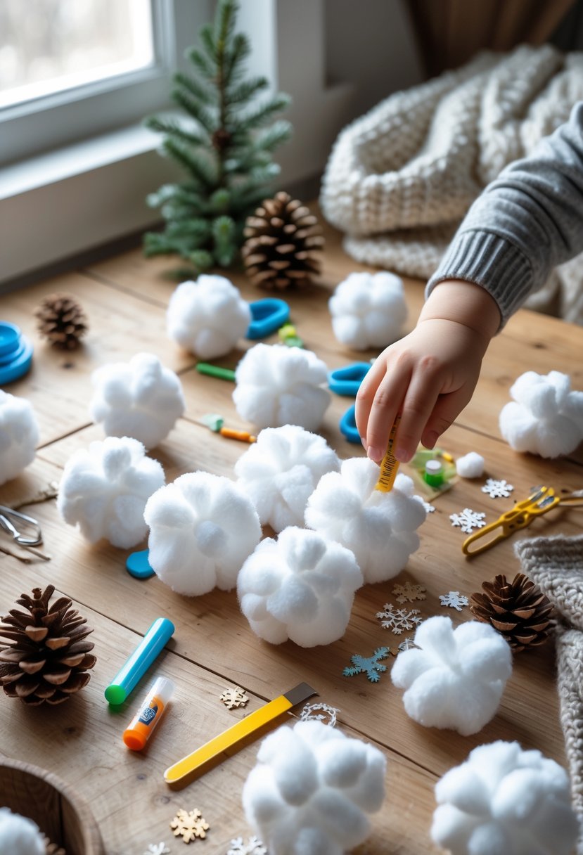 Child making white pom pom snowballs on a table with craft supplies indoors.