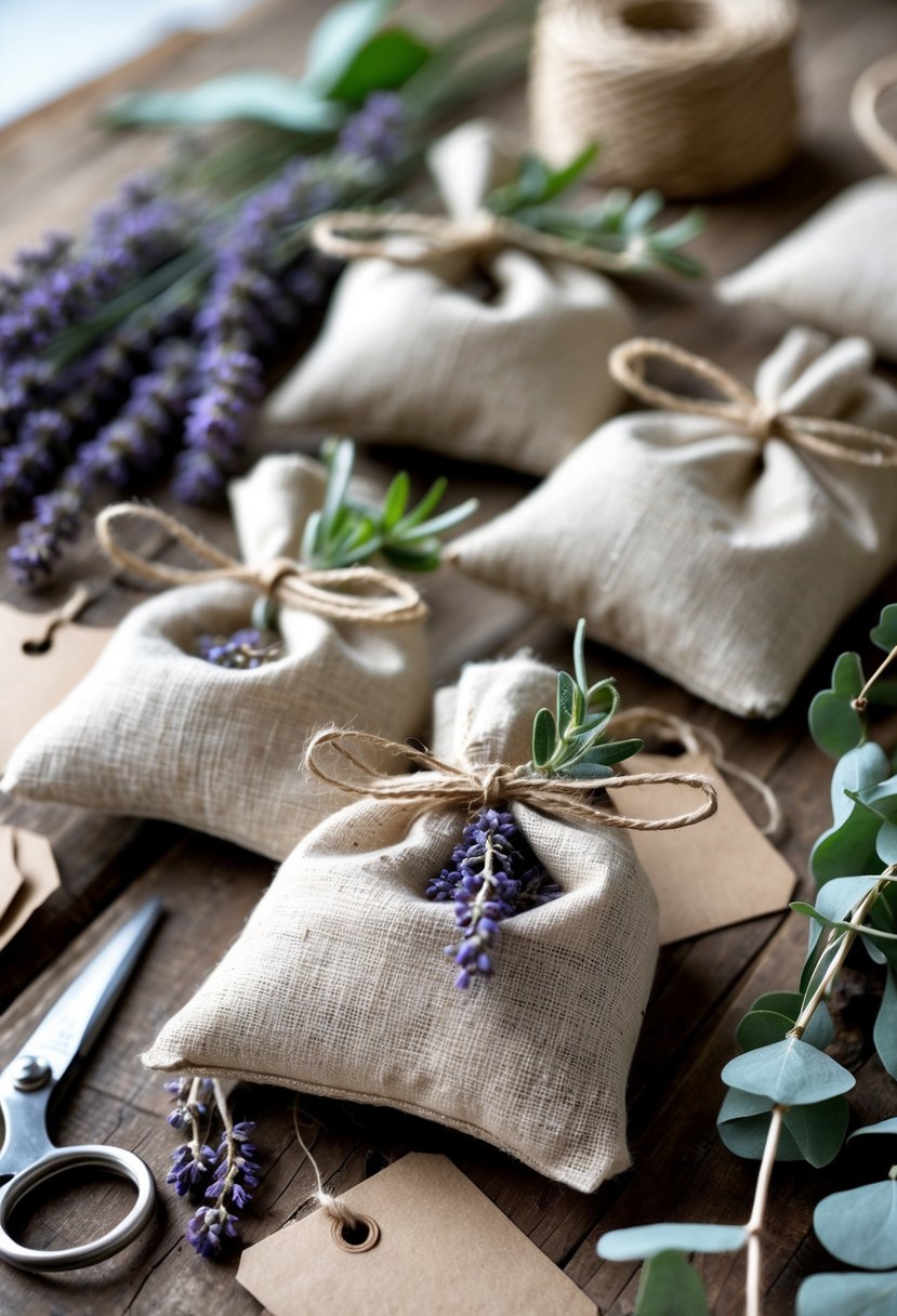 Several homemade lavender and eucalyptus sachets on a wooden table surrounded by dried flowers, eucalyptus branches, and crafting supplies.