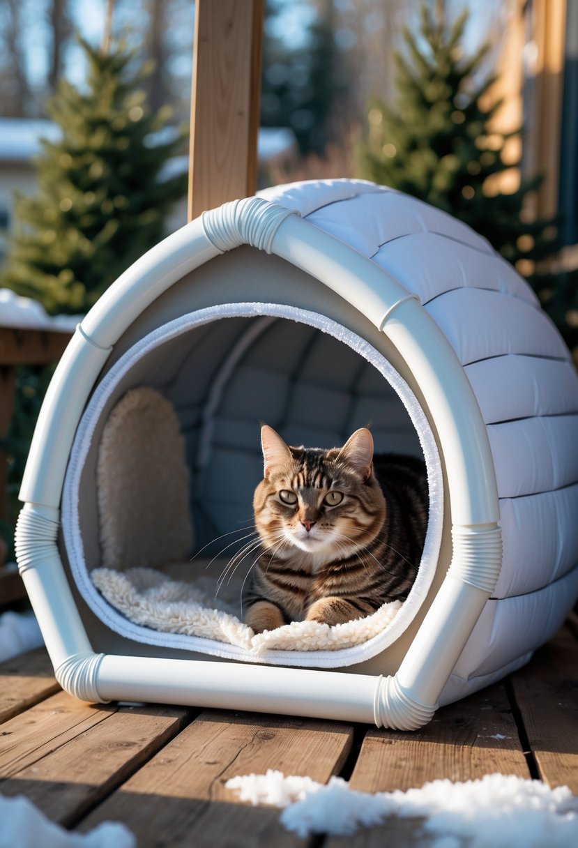 An outdoor PVC pipe cat igloo with a removable door flap on a wooden deck, with a cat inside and light snow around.