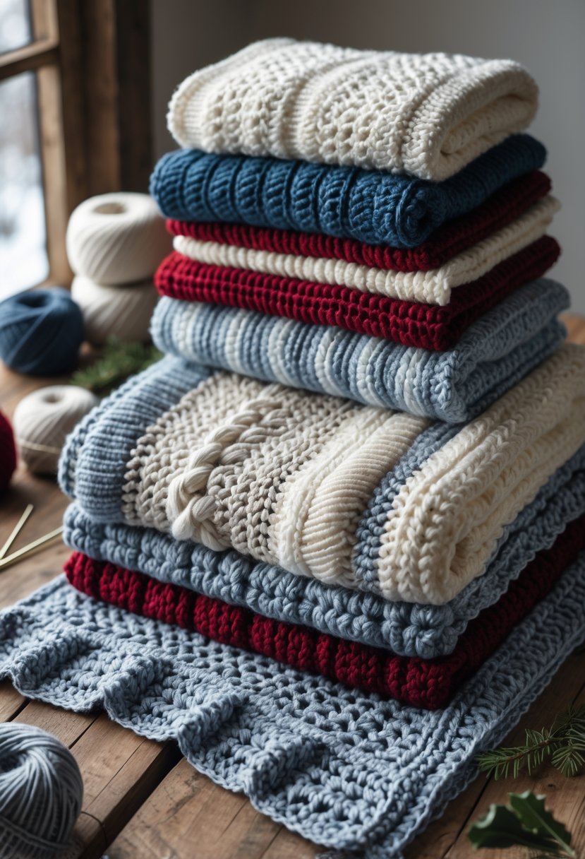 A collection of crocheted blankets in winter colors displayed on a wooden table with yarn and crochet hooks nearby.