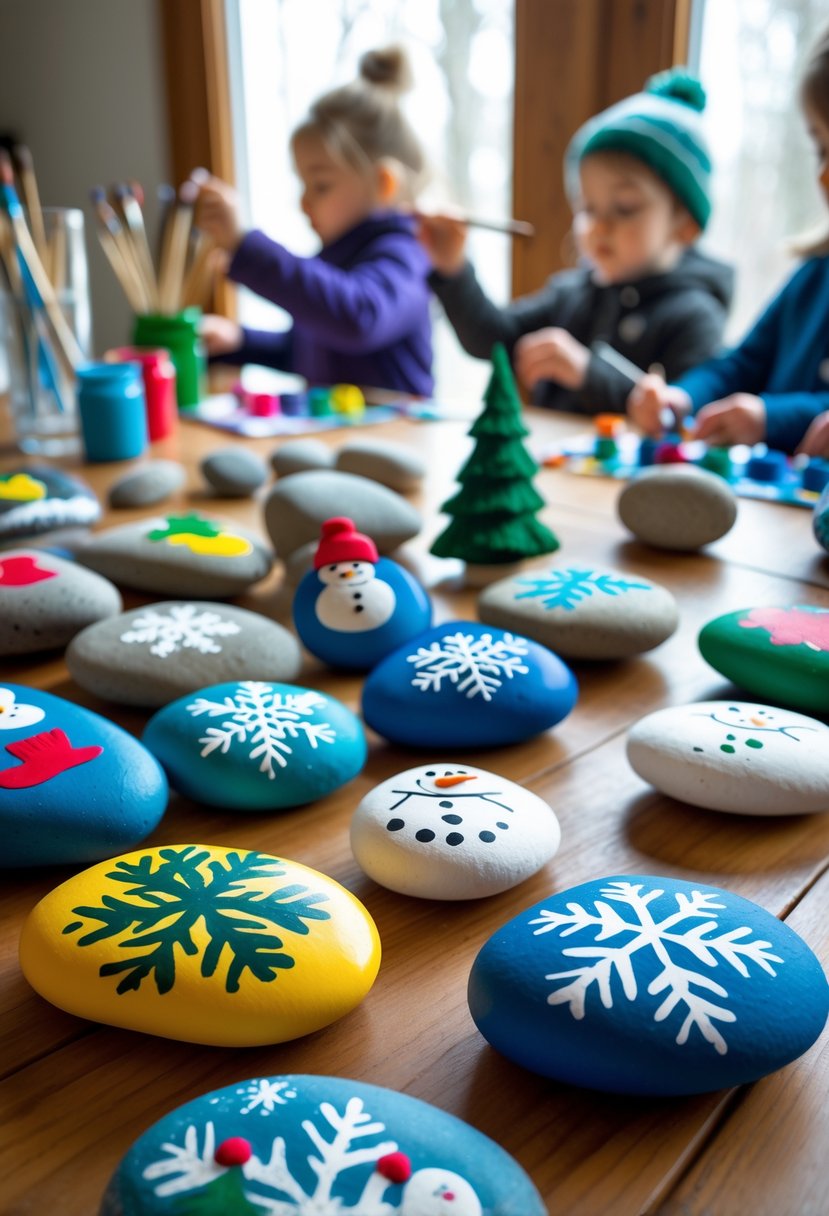 Painted winter-themed rocks on a table with children painting them indoors.