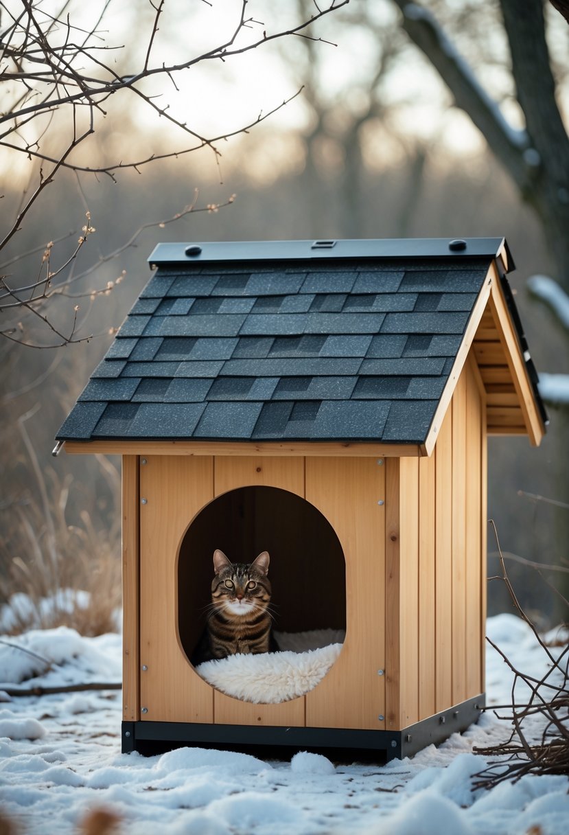A weatherproof cat house with an asphalt shingled roof set outdoors in a snowy environment, showing a cozy entrance and winter surroundings.