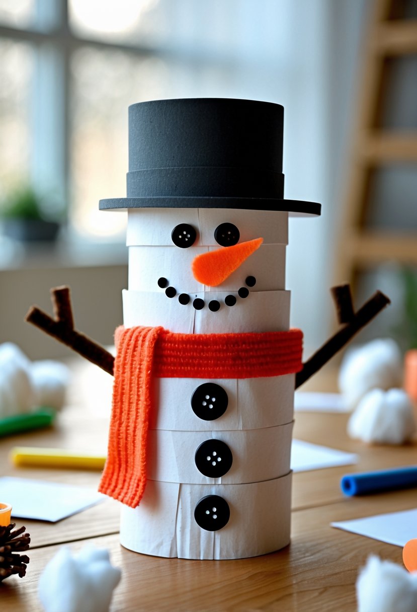 A small snowman made from stacked toilet paper rolls with a red scarf and black hat on a table surrounded by craft supplies.