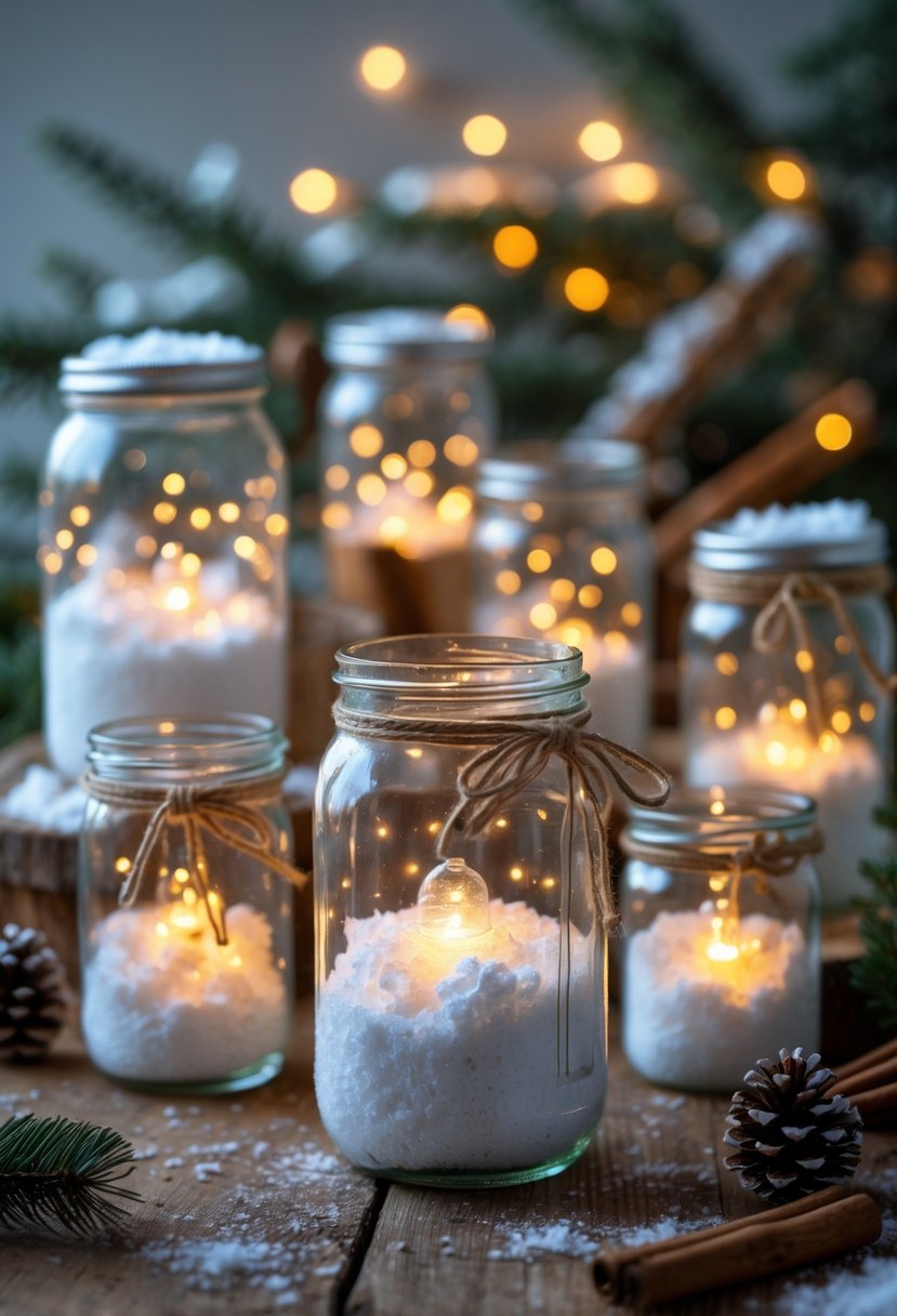 Glass jars filled with faux snow and glowing LED lights arranged on a wooden surface with winter decorations.