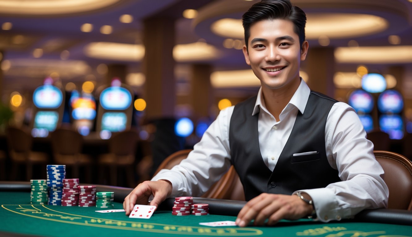 Seorang dealer blackjack profesional sedang membagikan kartu di meja kasino dengan suasana yang hangat dan terpercaya.