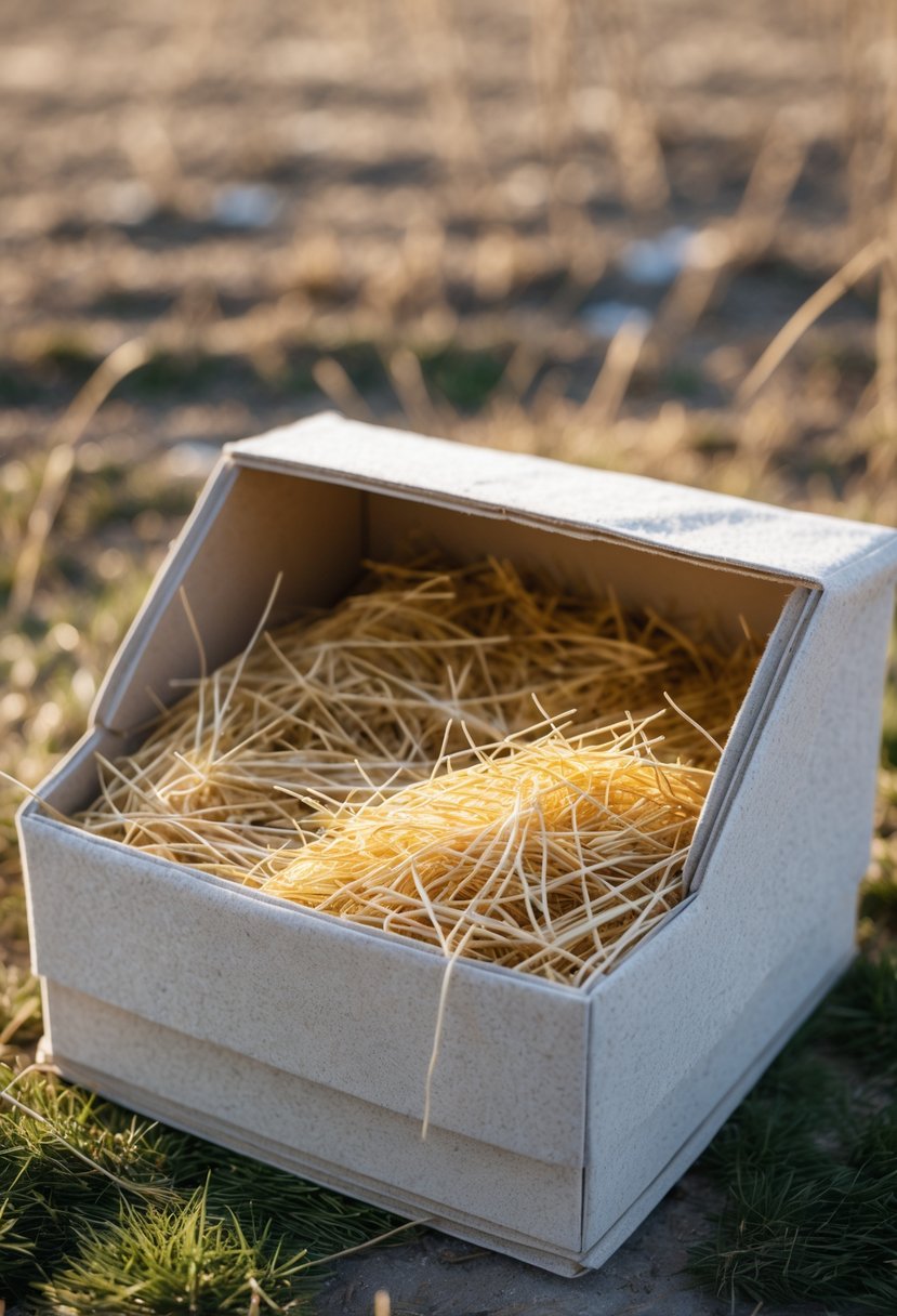 An insulated cat house outdoors with straw bedding inside for warmth.