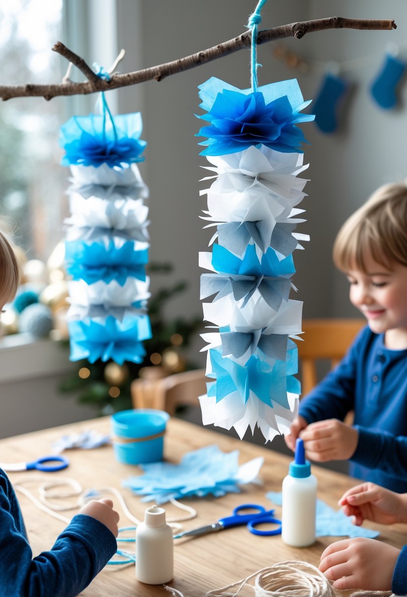 Children's hands making colorful tissue paper icicles hanging indoors on a string with craft supplies on a wooden table.