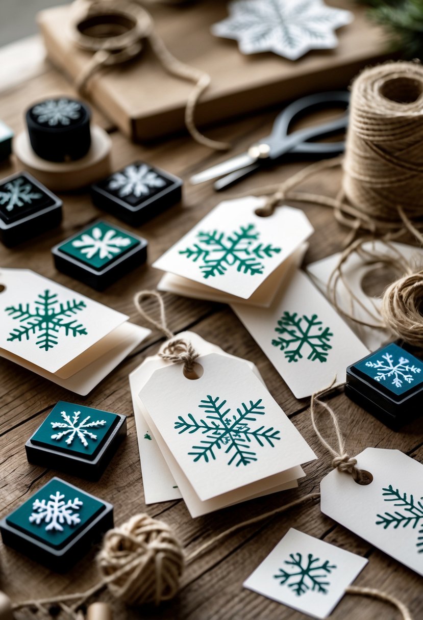 A table with hand-stamped holiday gift tags and various craft supplies arranged for a winter DIY project.
