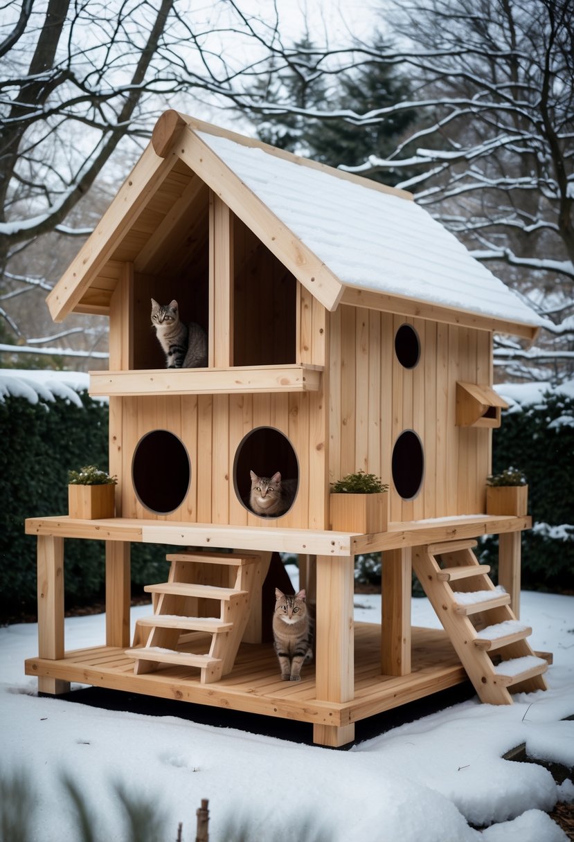 A multi-level wooden cat house with a porch set outdoors in a snowy winter garden.