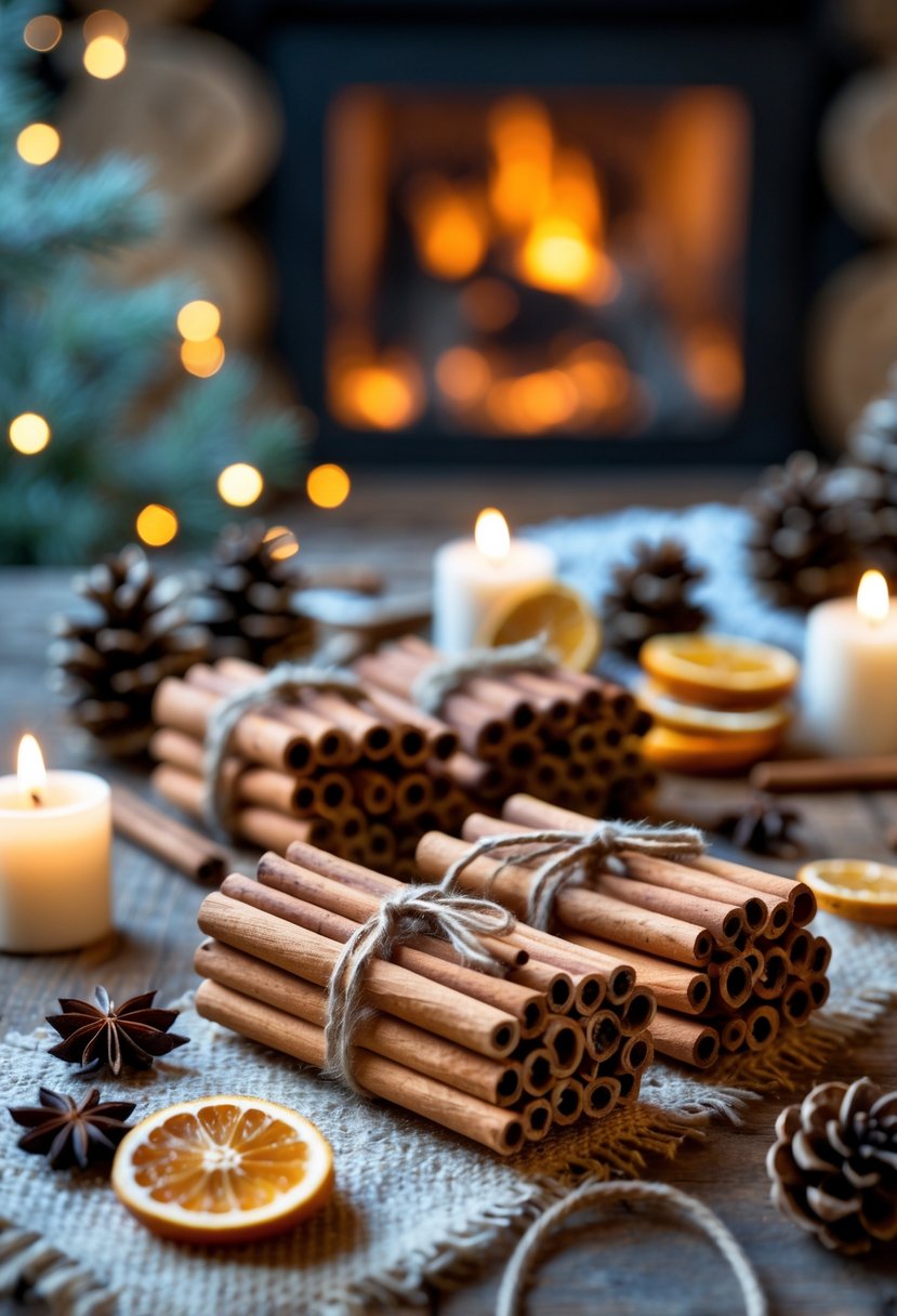 A rustic wooden table with cinnamon stick bundles tied with twine, surrounded by pine cones, dried orange slices, and candles, set in a cozy winter crafting scene.
