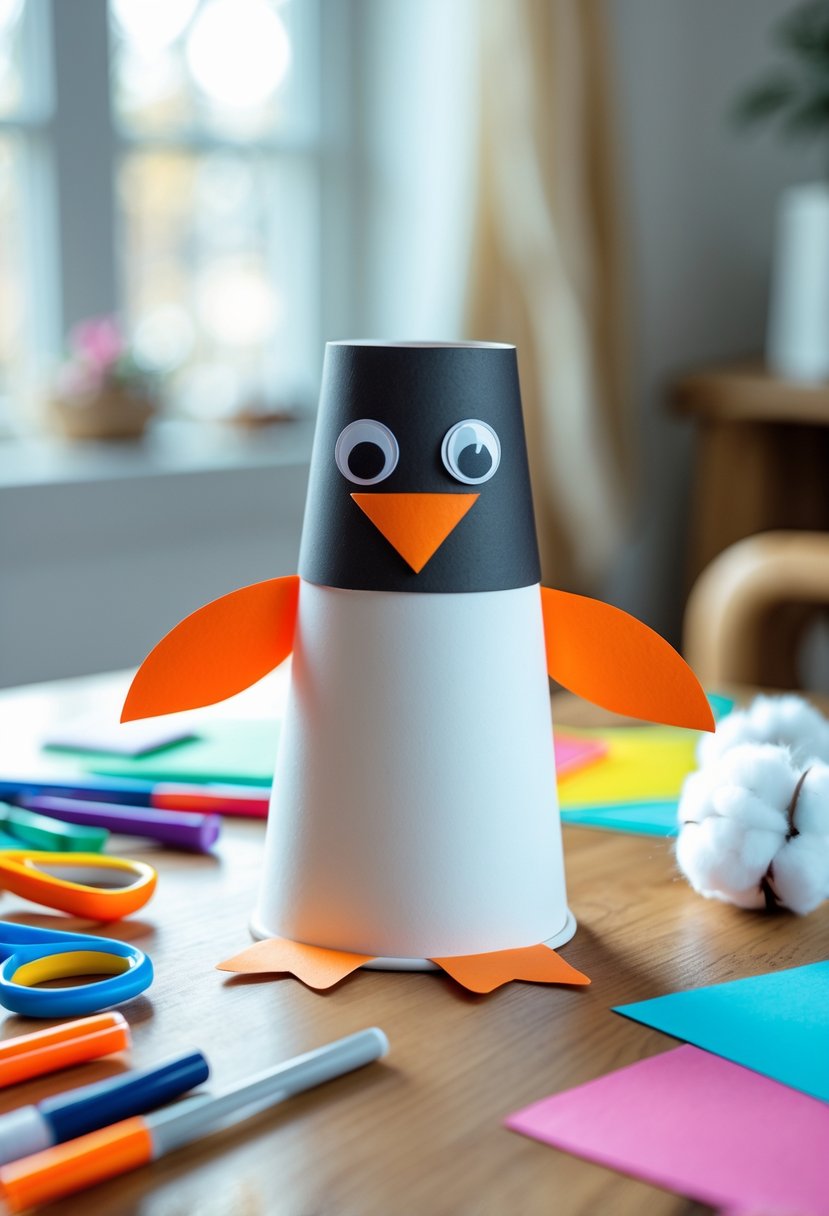 A handmade paper cup penguin craft on a table surrounded by colorful craft supplies in a bright indoor setting.