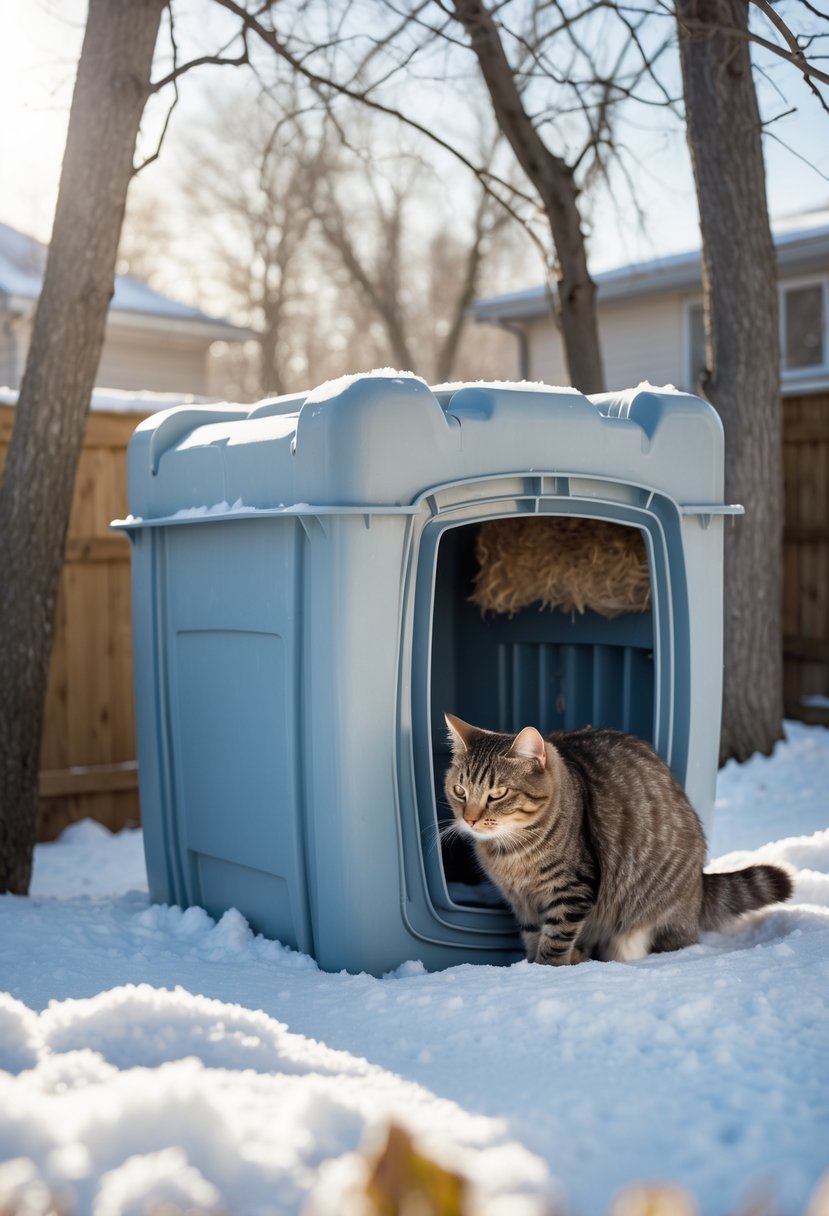 A repurposed plastic storage container made into a cozy outdoor cat shelter in a snowy backyard with a cat nearby.