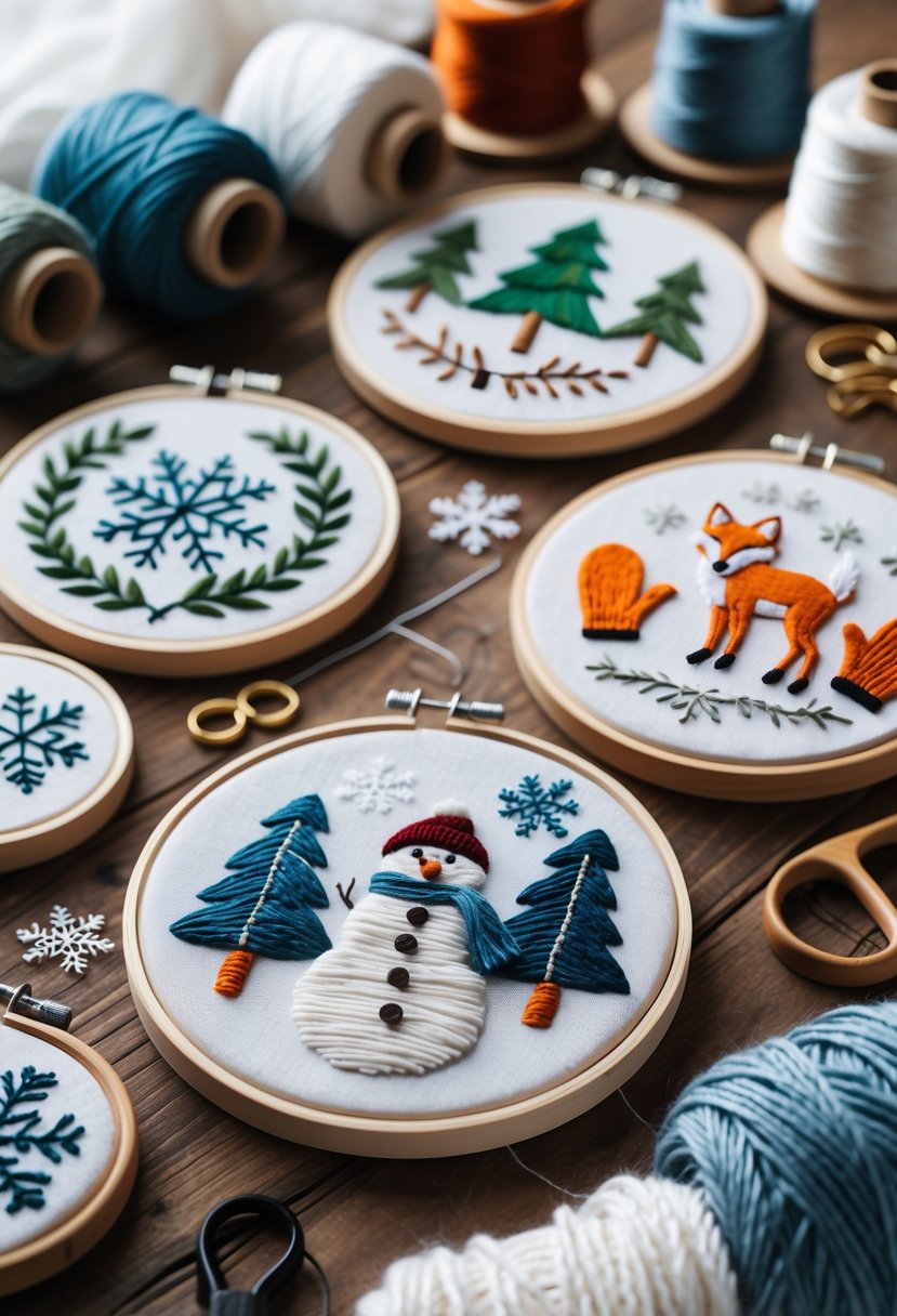 A collection of winter-themed embroidery hoops with snowflakes, pine trees, and winter animals on a wooden table surrounded by embroidery supplies.