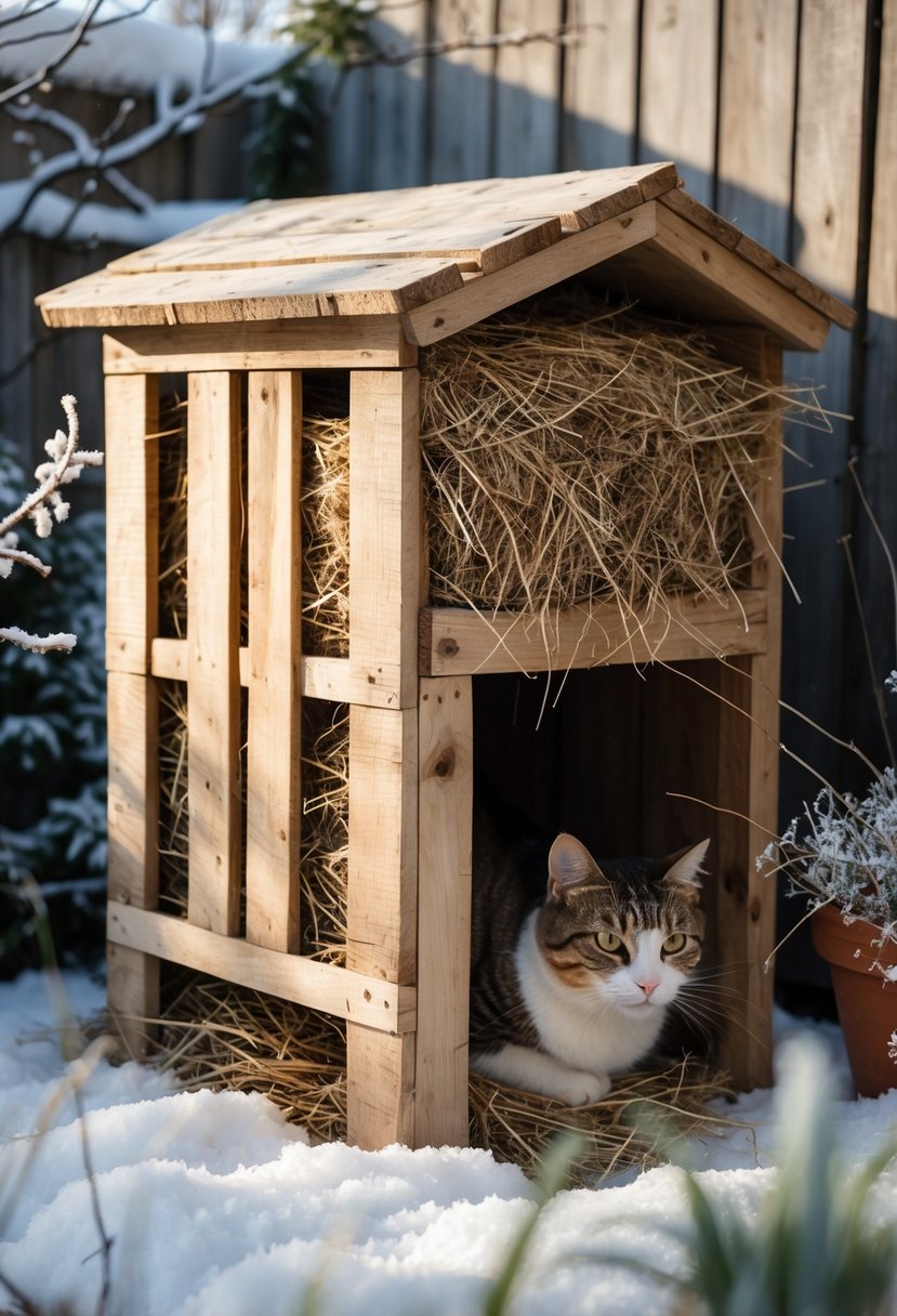A cozy cat house made of pallet wood and hay outdoors in a snowy garden with a cat resting inside.