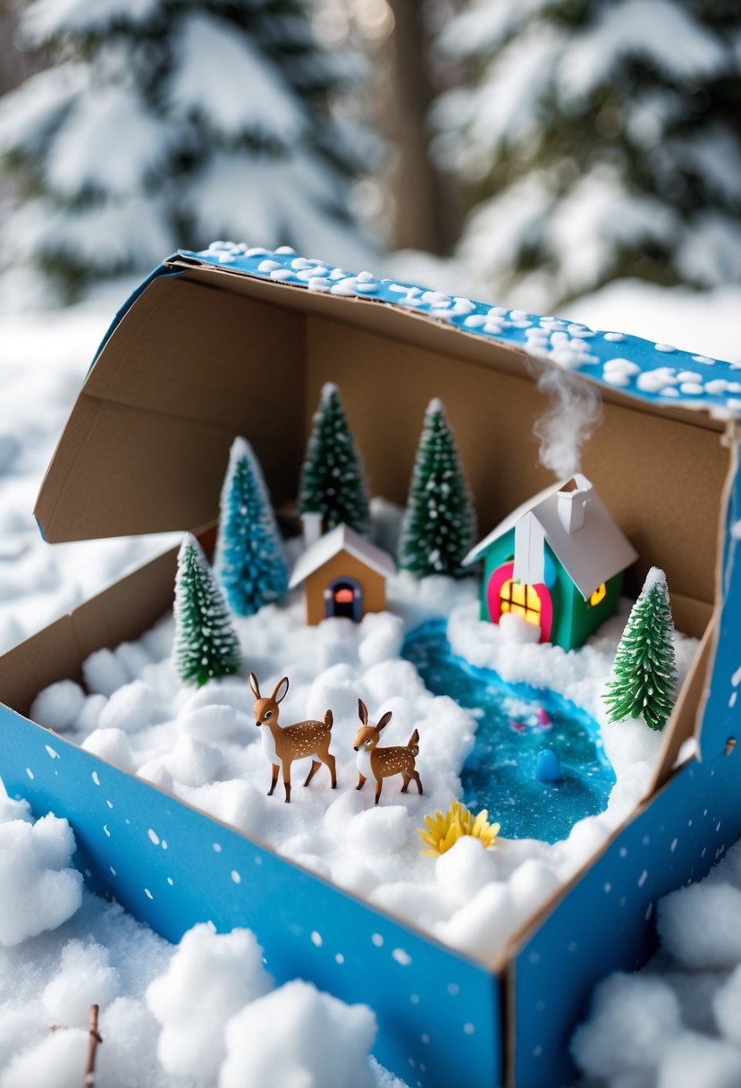 A miniature winter scene inside a shoe box with snow, small trees, animals, and a tiny house.
