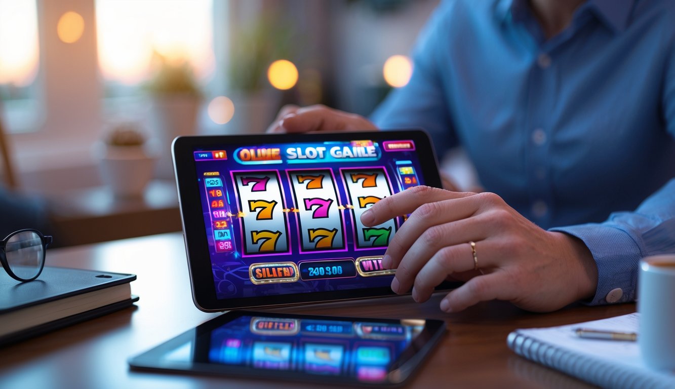 Tangan seseorang menggunakan perangkat layar sentuh yang menampilkan permainan slot online dengan latar belakang ruangan modern yang nyaman.