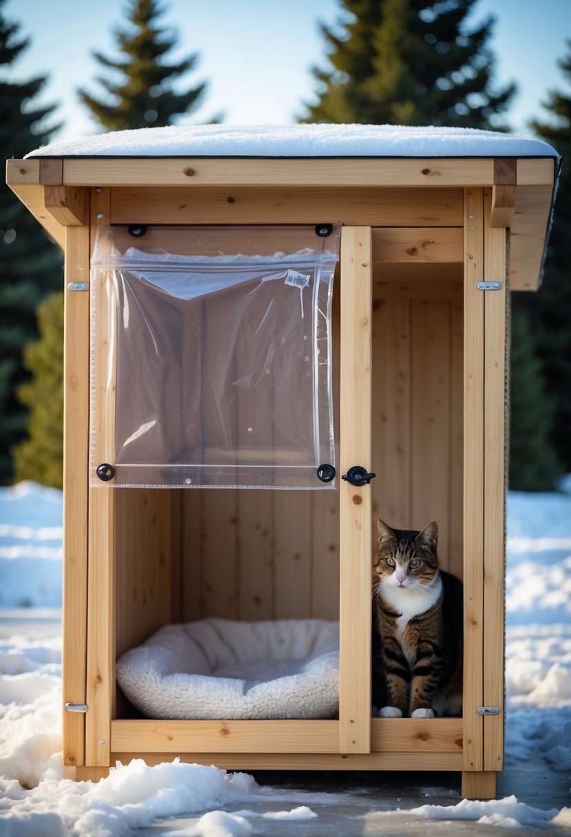 Outdoor cat shelter with covered entrance and windbreaker flap on snowy ground surrounded by trees.