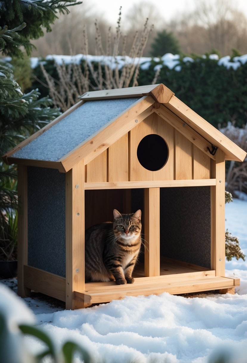 A tabby cat sitting near a wooden outdoor shelter with two entryways in a snowy garden during winter.