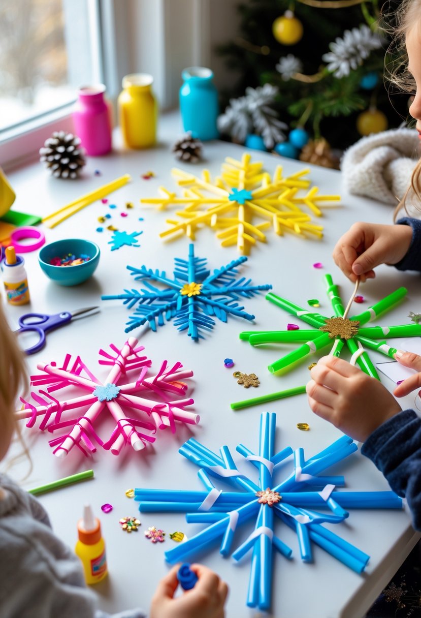 Children's hands making colorful paper straw snowflakes on a table filled with crafting supplies indoors.