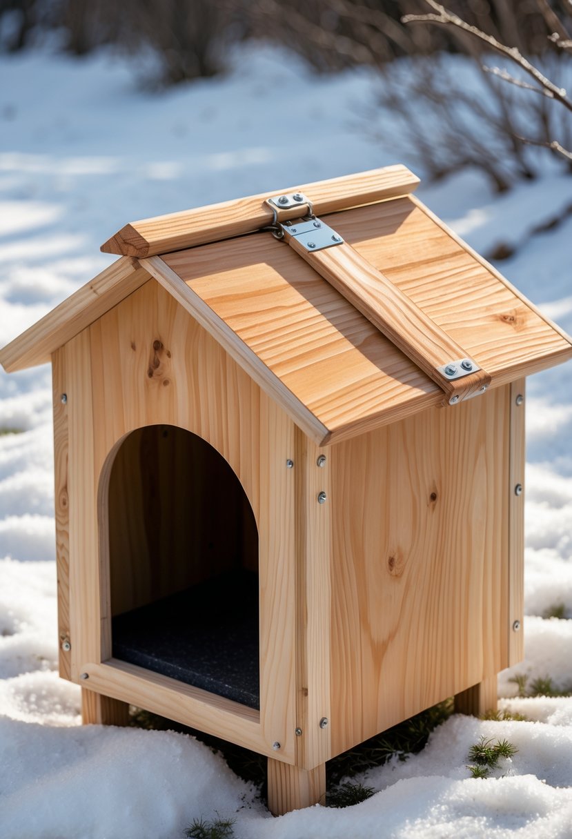 A compact cedar wood box cat house with a hinged roof placed outdoors on snowy ground.