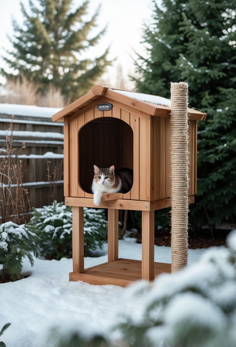 Outdoor wooden cat condo with built-in scratching post in a snowy backyard surrounded by evergreen trees.