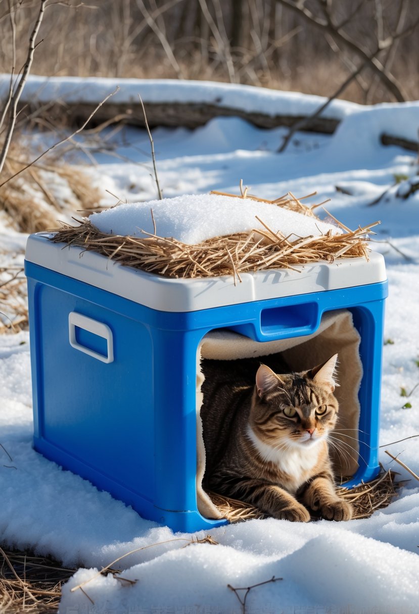A recycled cooler box converted into a warm outdoor shelter with a cat near the entrance in a snowy winter setting.