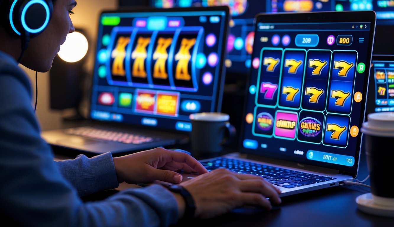 Seseorang sedang bermain permainan slot online di laptop dengan layar menampilkan gulungan warna-warni di sebuah meja kerja modern.