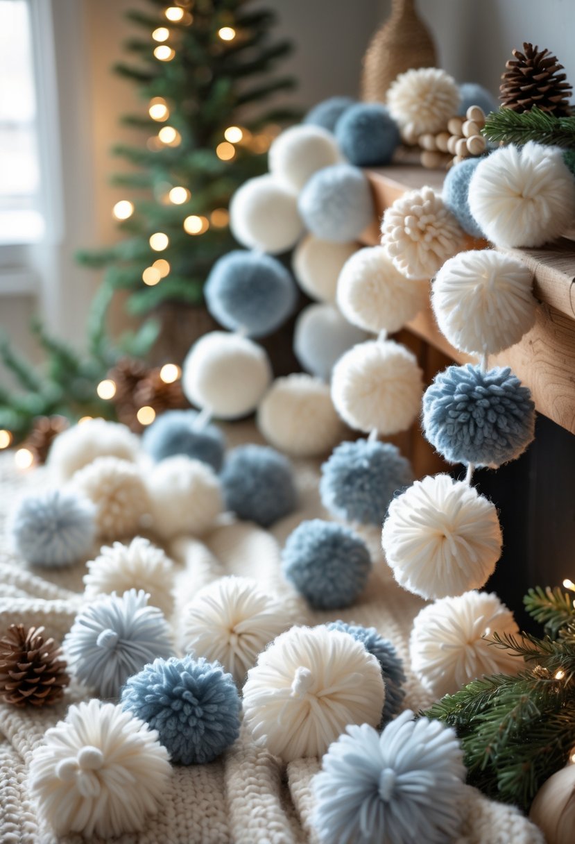 A soft wool pom-pom garland in winter colors hanging indoors with pine cones and evergreen sprigs nearby.