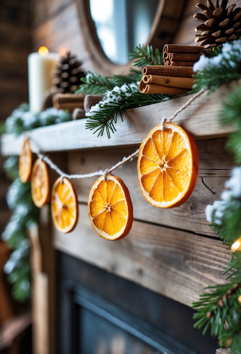 A garland of dried orange slices hanging on a wooden mantel decorated with pine cones, cinnamon sticks, and evergreen branches.
