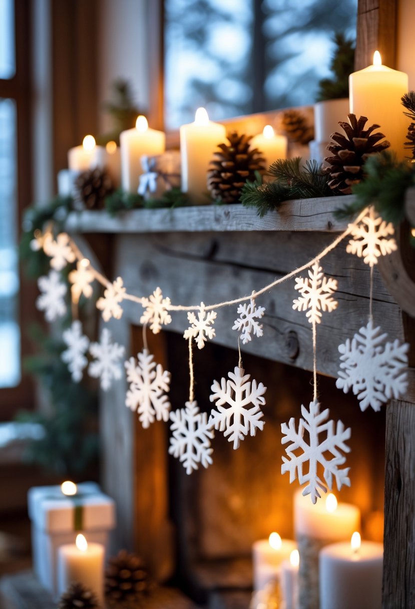 A felt snowflake garland hanging on a wooden mantel surrounded by winter decorations and a snowy window in the background.