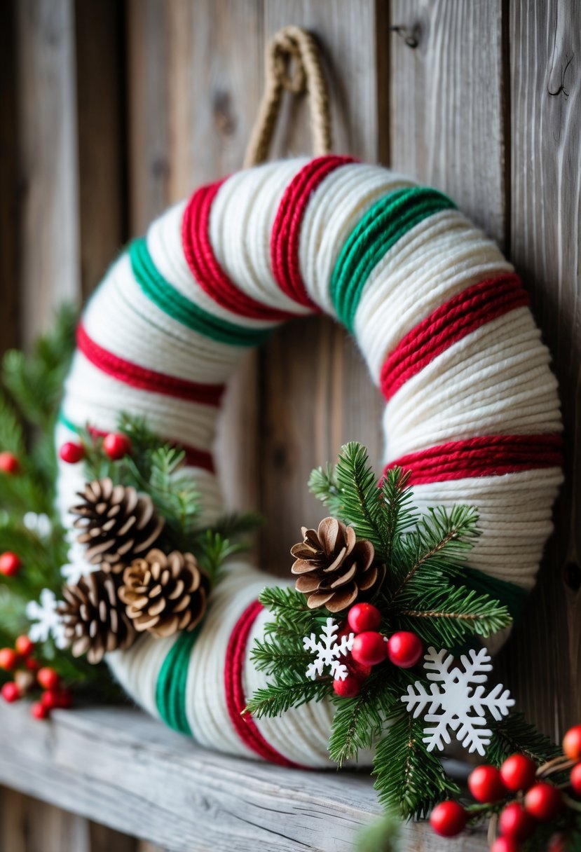 A winter wreath wrapped in colorful yarn and decorated with pinecones, snowflakes, evergreen sprigs, and red berries hanging on a wooden background.