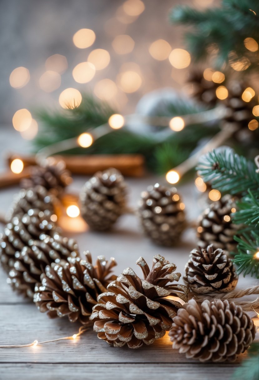 A string of glittered pinecones hanging with winter decorations in a cozy indoor setting.