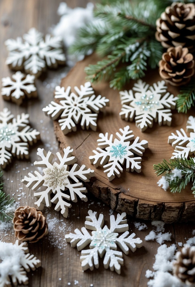 Hand-painted wooden snowflake ornaments arranged on a wooden surface with pinecones and evergreen sprigs.