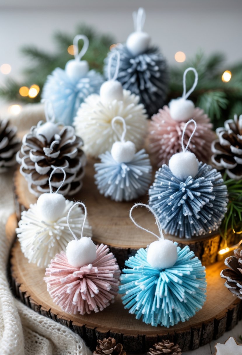 A collection of colorful pom-pom icicle ornaments arranged with pinecones and evergreen branches on a wooden surface.